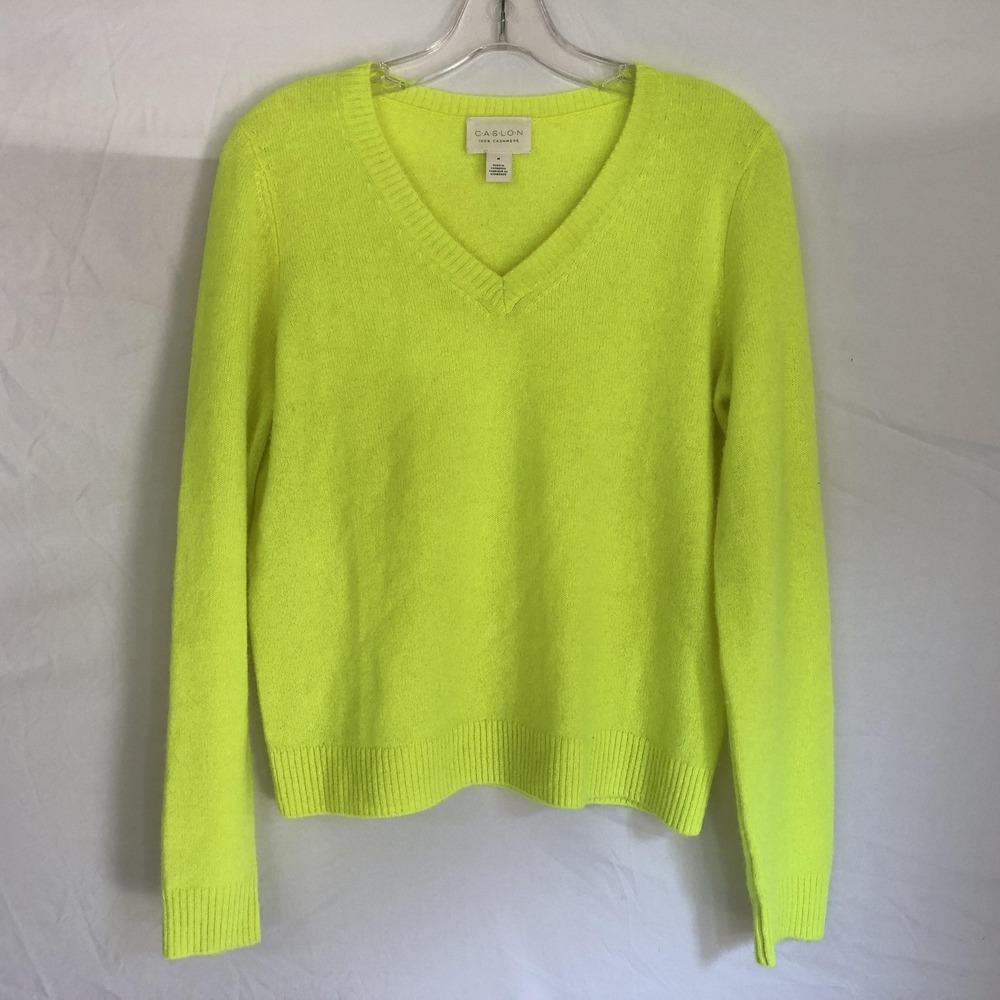 Caslon Sweater Womens Medium Yellow 100% Cashmere V Neck Lightweight Pullover